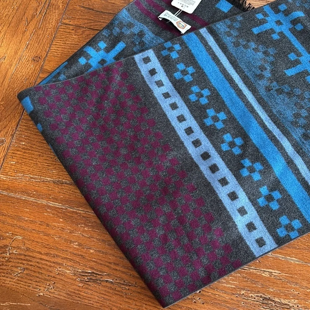 Light of Snow NWT Mulberry Silk Scarf Blue Gray Maroon Geometric Print Fringe